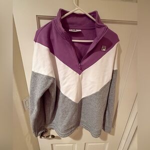 Fila Women's Light Purple, White, and Grey Zip-Up Sweater Extra Large